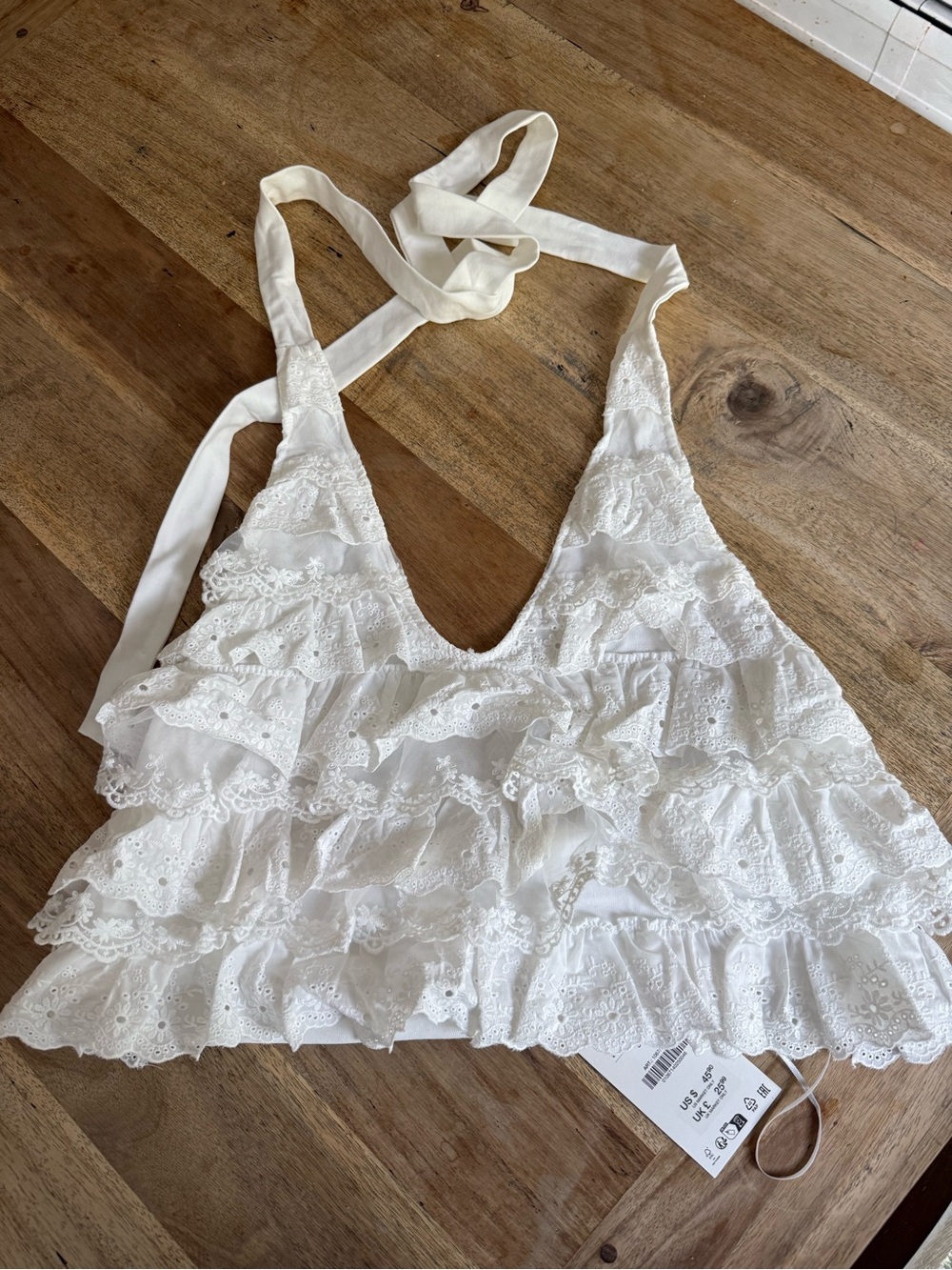 Zara White Tie-Halter Eyelet Crop Top